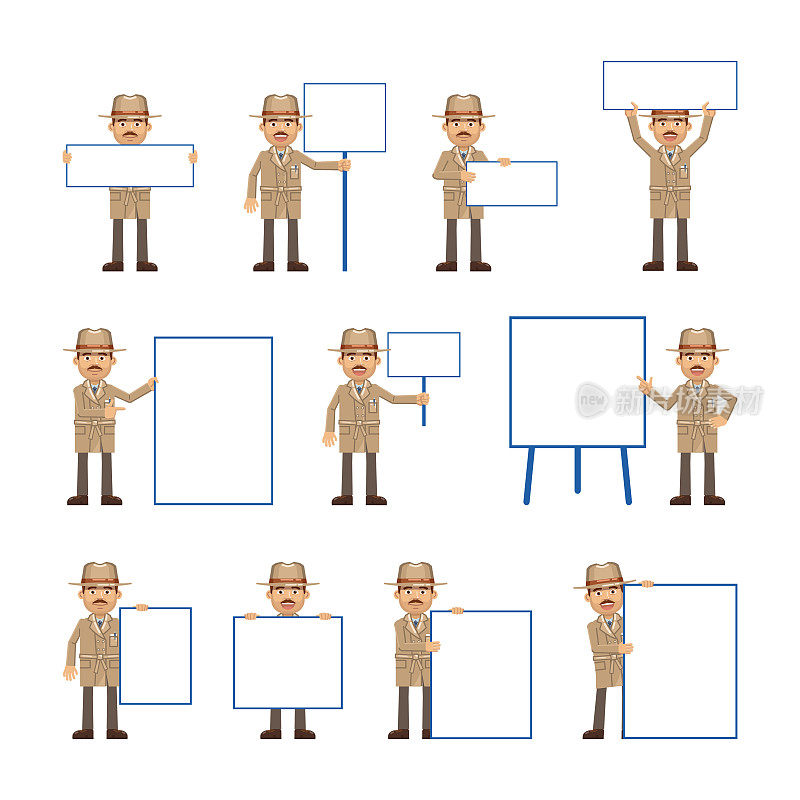 Big set of detective characters posing with different blank banners. Cheerful detective holding paper, poster, placard, pointing to whiteboard. Teach, advertise, promote
